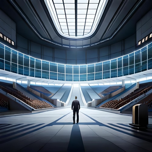 Un gamer frente a una arena durante un torneo de esport