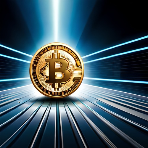 Una moneda de bitcoin en rayos de luz azul