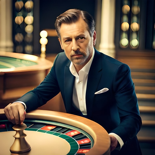 Un hombre jugando a la ruleta en un ambiente dorado