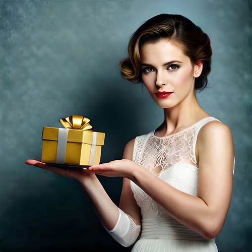 Una mujer presentando un regalo dorado en su mano
