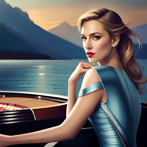 Una mujer hermosa frente a una mesa de ruleta durante un viaje